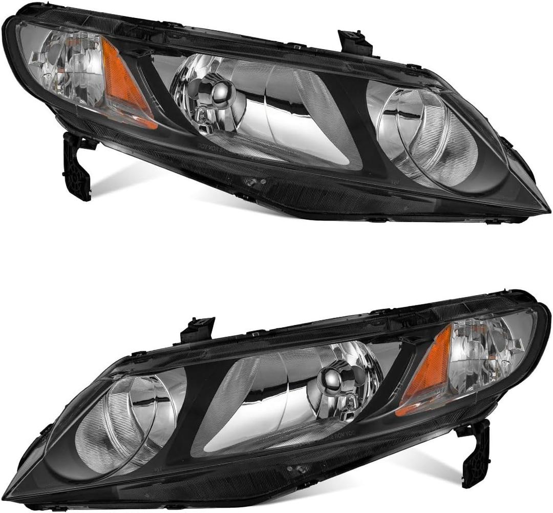 WEELMOTO for 2006-2011 Honda Civic 4-Door Headlights Replacement for Headlight Pair Headlamp Black Housing Amber Reflector Left+Right Side (Does NOT fit 2-Door Coupe models)
