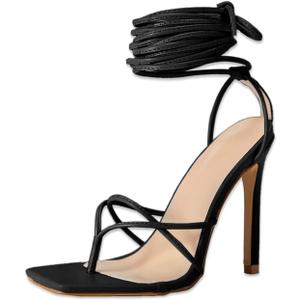 PiePieBuy Women's Lace Up Heeled Sandals Square Flip Flop High Heels Strappy Party Shoes, 8, Black