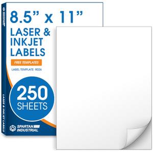 8.5" X 11" Full-Sheet Printable Labels for Inkjet and Laser Printers - 250 Sheets, 250 Custom Stickers for Shipping Labels, Mailing, Personalized Stickers for Crafts - Spartan Industrial Template R026