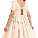 Putysenxi Girls Dresses Tie Back Swiss Dot Short Sleeve Square Neck Casual Spring Summer Teens Princess Midi Dress Champagne, (9-10Y)