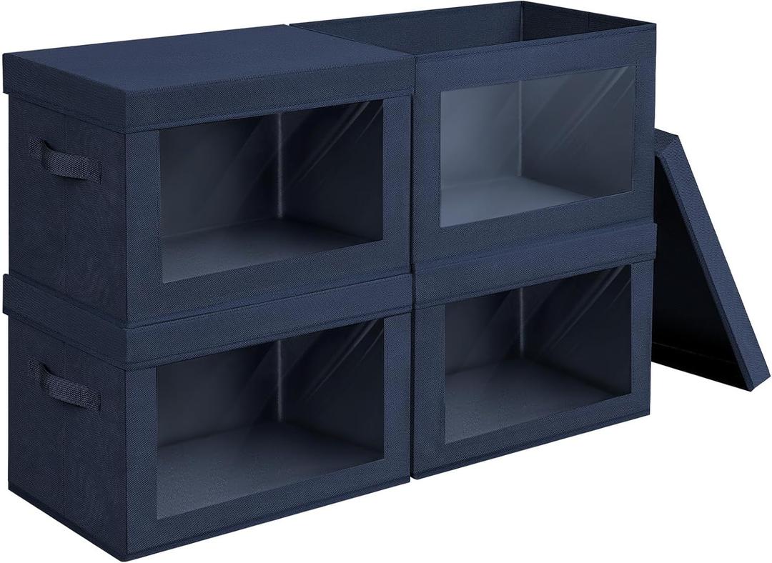 Foldable Storage Boxes with Lids - Decorative Storage Boxes with Clear Window, Fabric Storage Baskets for Organizing, Closet Storage for Clothes, Yarn, Home, Navy Blue, Pack of 4
