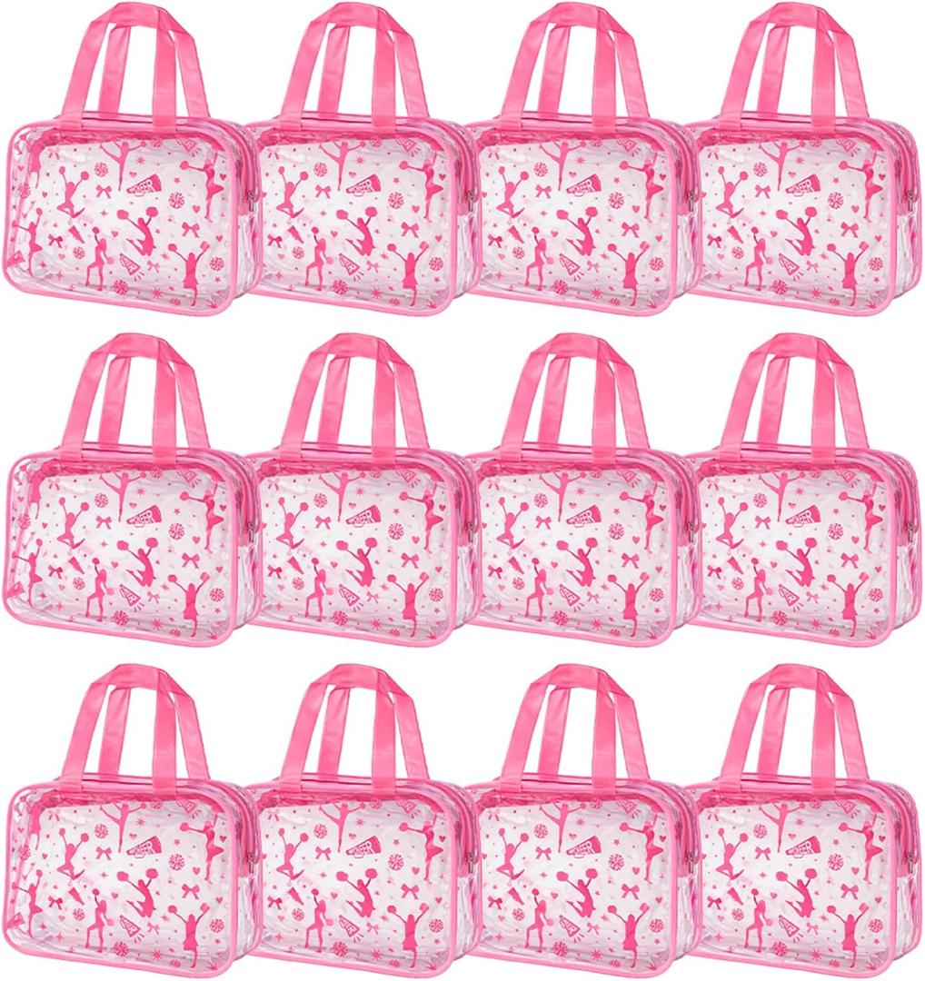 12-Pack Cheer Makeup Bag Bulk - Clear PVC Cheer Cosmetic Pouch with Zipper & Handle, Transparent Travel Makeup Bags for Cheerleaders, Dance Teams, Gymnastics Gifts, Pink