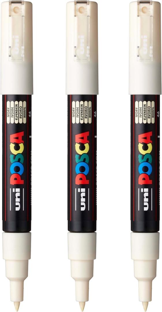 posca PC-1M Water-Based Paint Markers, Extra Fine Tip (0.7mm), Ivory, 3 Count