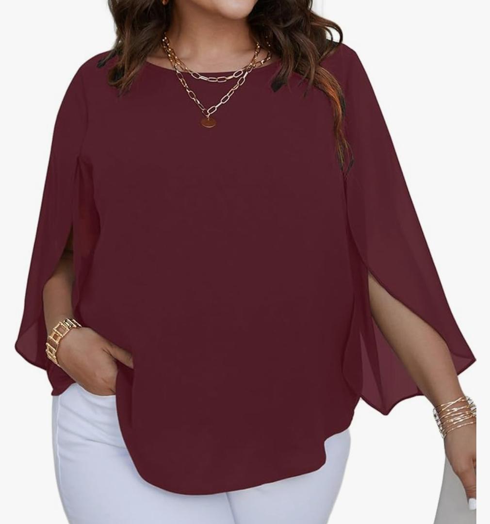 SCOMCHIC Blouses for Women Summer Chiffon 3/4 Sleeve Tunic Tops Dressy Scoop Neck Casual Loose Flowy Shirts, Burgundy, 2XL