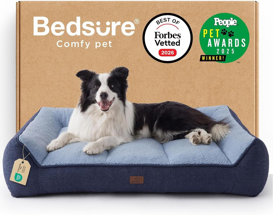 Bedsure SupportMax Orthopedic Dog Beds Large Sized Dog - Extra Thick Supportive Large Dogs Bed with Waterproof Washable Cover, L Plus Comfort Pet Sofa with Soft Sherpa and Nonskid Bottom, Blue, 38"