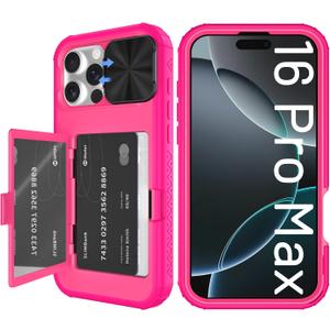 2 x Tieuwant for iPhone 16 Pro Max Case Wallet, Built-in Mirror, Card Holder, Slide Camera Cover, Kickstand, Ultra Thin & Comfortable, Rugged Heavy Duty Girls Women Protective iPhone 16 Case,Rosepink