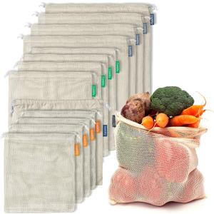 12+1 Reusable Produce Bags Grocery Washable, Organic Cotton Mesh Produce Bags, Double-Stitched & Tare Weigh, Mesh bags for vegetables, Cotton Produce Bags Reusable Washable, Produce bag 4xS, 4xM, 4xL (4x SMALL, 4x MEDIUM, 4x LARGE, 1x CARRY BAG, Natural)