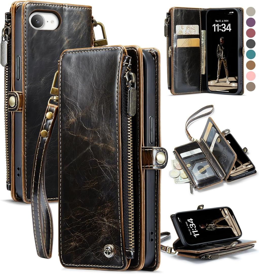 Defencase for iPhone 16E Case Wallet with RFID Blocking Card Holder Slots for Women Men, Elegant PU Leather Magnetic Snap Flip Wristlet Strap Zipper Wallet Phone Cases for iPhone 16e 2025, Coffee