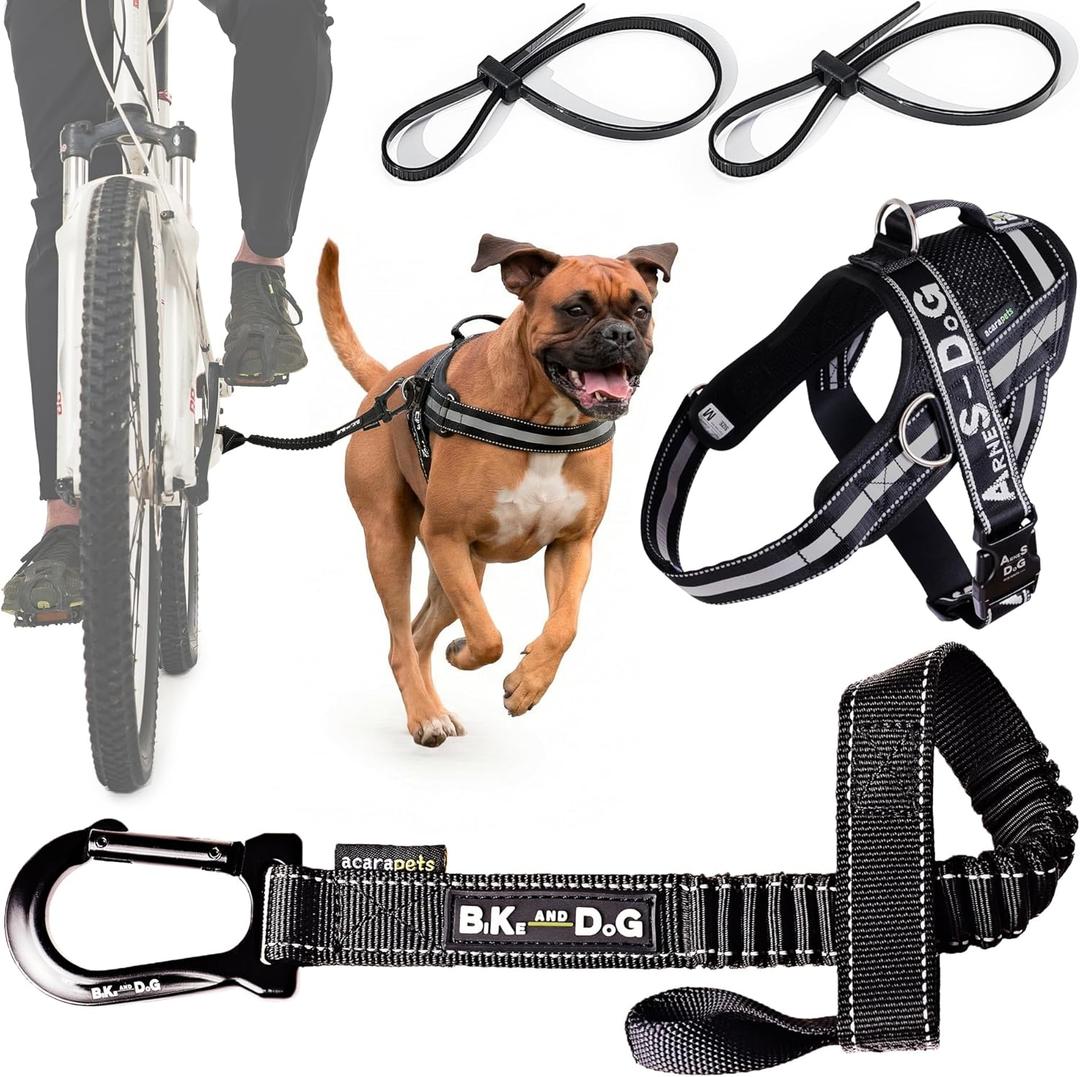 BIKE AND DOG - Dog Leash and Harness for Bicycle, Harness with 3 Rings, 2 are Sides, Includes 2 Special Cable Ties for Bicycle (Black, Leash & Harness M)