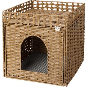 Cat Litter Box Enclosure Furniture, Hidden Litter Box with Fence, Handwoven Rattan Cat House with Two S-Shaped Hooks for Living Room, Bedroom, 18.5 x 20.5 x 19.1 Inches (Natural)