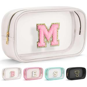YOOLIFE Initial Make Up Bag Travel Toiletry Bag, Clear Makeup Bag Preppy Cosmetic Bag Clear Makeup Bags With Zipper Girlfriend Teacher 6 Year Old Girl Gifts Daughter Gifts Swim Gifts For Girls White M
