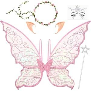 Waipfaru Fairy Wings Costume for Adults and Girls, Butterfly Wings Set with Floral Garland Wand Elf Ears for Women Halloween, Cosplay, Party, Pink