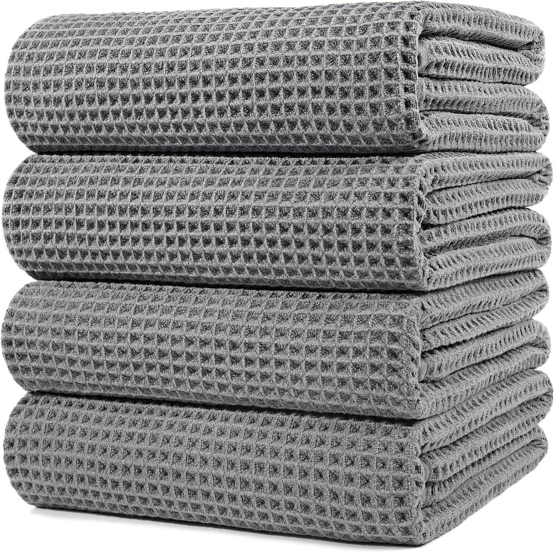 POLYTE 430 GSM Microfiber Oversize Quick Dry Lint Free Bath Towel, 60 x 30 in, 4 Pack (Waffle Weave) (Gray)