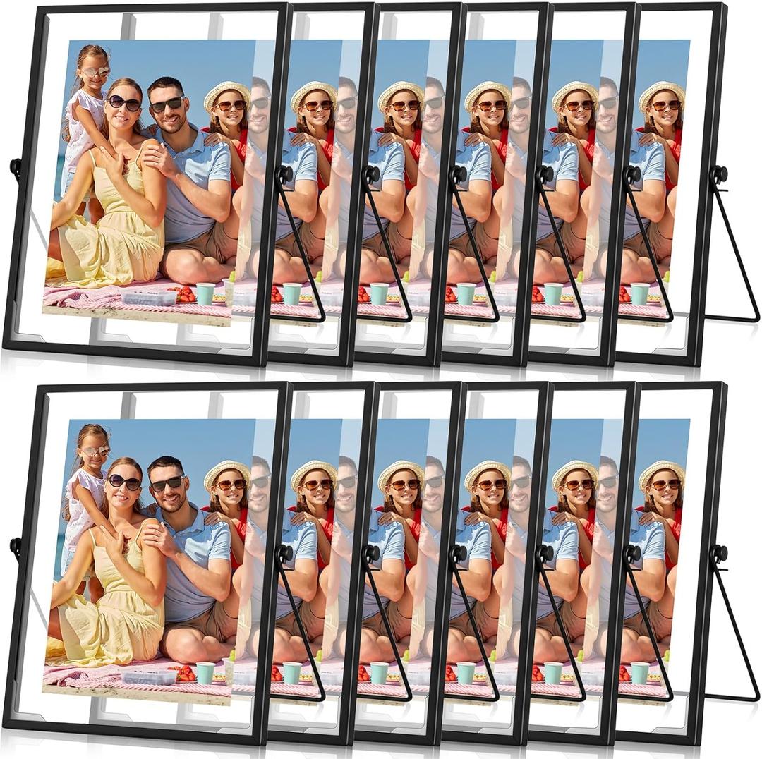 Hoteam 12 Pack 5 x 7 Inch Floating Frame Glass Photo Frame Collection Vintage Metal Minimal Ornate Easel for Pictures Photos Desk Tabletop Display (Black)