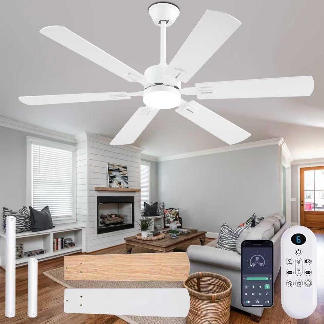 56inch Modern White Ceiling Fans with Lights and Remote/App Control, Dimmable LED, Reversible DC Motor, Noiseless, 6 Double-Side Blade Low Profile Ceiling Fan for Livingroom Indoor/Outdoor Use