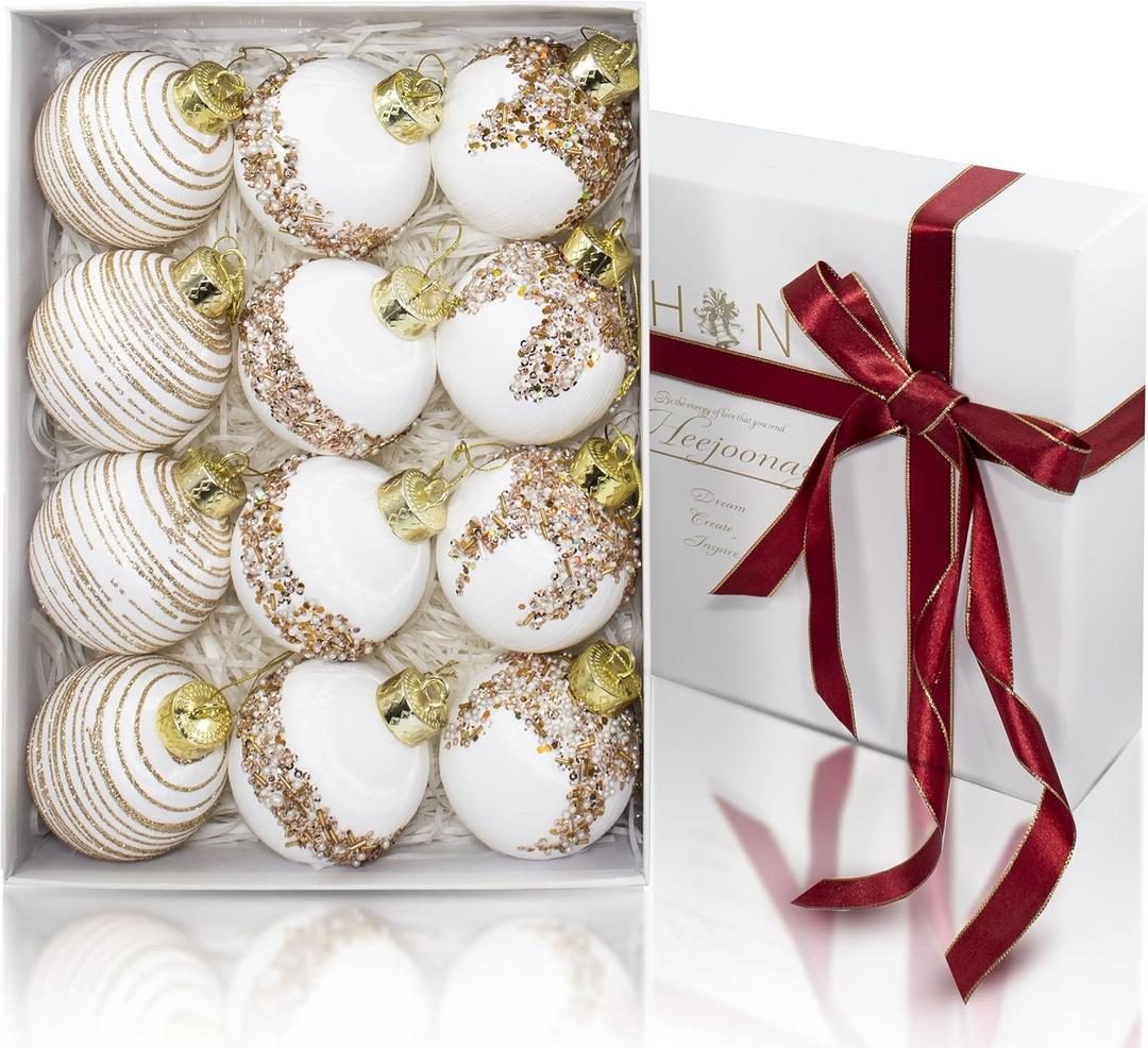 Satin Christmas Balls Ornaments, Silk Christmas Hanging Ball Decorations, 12Pcs 3.15" Luxury Vintage Christmas Tree Decor for Xmas Holiday Wedding Party, Package (White)