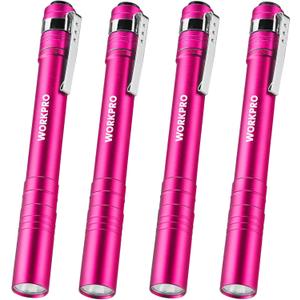 WORKPRO LED Pen Light, Aluminum Pen Flashlights, Pocket Flashlight with Clip for Inspection, Emergency, Everyday, 2AAA Batteries Include, Pink(4-Pack)
