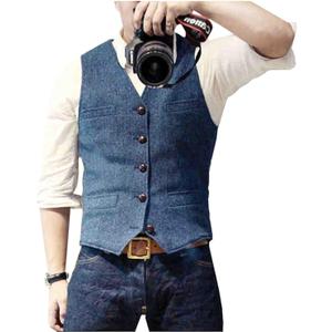 Ceehuteey Mens Suit Vest Waistcoat Tweed Retro V Neck Wool Herringbone for Prom (Medium, Blue)