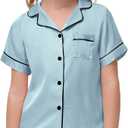 Veseacky Big Girls Boys Pajamas Set Satin Silk Short Sleeves Sleepwear 2 Piece Button-Down Classic Pjs Set (Light blue,12y)