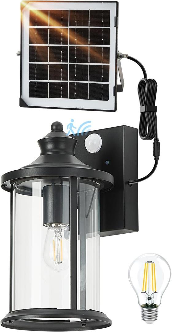 OKELI Porch Lights Outdoor Dusk to Dawn Motion Sensor Solar Wall Lantern Separate Panel & Battery Replaceable Exterior Waterproof Wall Sconce Lighting Lamp (Black B, 1 Pack)