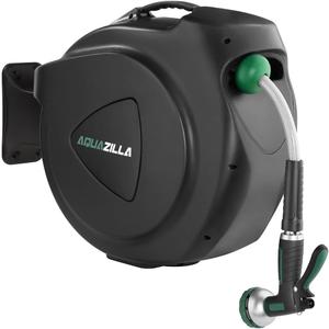 Retractable Garden Hose Reel, 120Ft x 1/2" Durable Wall Mounted Water Hose Reel with 180Swivel Bracket, 9 Pattern Sprayer, 6Ft leader hose, Smooth Automatic Rewind, Any Length Lock.