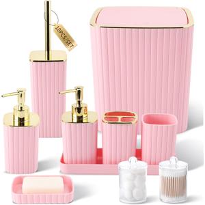 XLHOMO Pink Bathroom Accessories Set - Gorgeous Bathroom Set, 10PC Bathroom Accessory Set, Toilet Brush, Trash Can, Qtip Holder & Soap Dispenser
