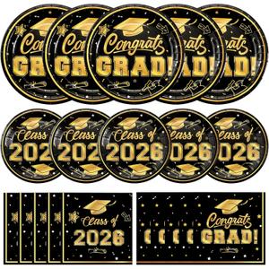 Litmitfu 150 Pcs Graduation Plates and Napkins 2026 - Black Gold Congrats Grad Class of 2026 Paper Dessert Dinner Plates Napkins Set for Graduation Party Decorations Supplies Table Decor, Serves 50