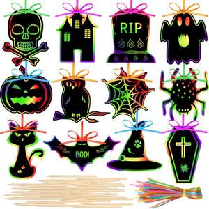 Qilery 120 Pcs Fall Halloween Scratch Paper Off Cards Magic Pumpkins Scratch Off Paper Craft Art Activities Rainbow Black Fun for Thanksgiving Party Ornaments DIY Education Game(Spooky Style)