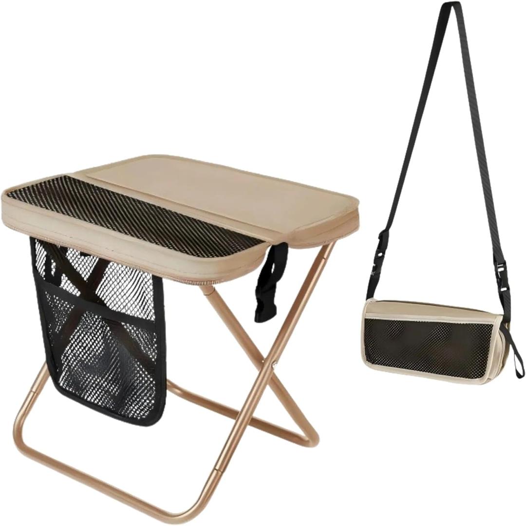 12" Portable Collapsible Stool - Folding Chair with Storage Pouch, Convertible Satchel for Hands-Free Carry & Supports 265Lbs, Ultralight for Hiking, Fishing, Camping, Festivals (Khaki, Standard)