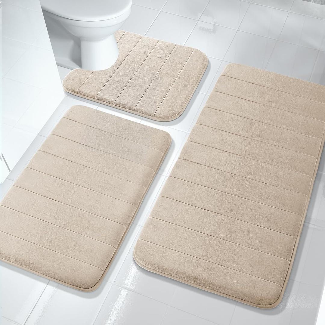 Yimobra 3 Pieces Memory Foam Bath Mat Sets, 44.1x24 + 31.5x19.8 and U-Shaped for Bathroom Rugs, Toilet Mats, Non-Slip, Soft Comfortable, Water Absorption, Machine Washable, Beige