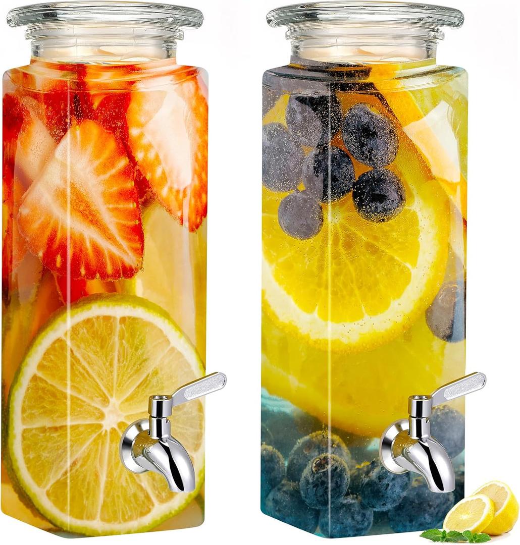 FillTouch 2 Pack 80 oz Glass Beverage Dispenser Tall Glass Drink Dispenser with Lid and Stainless Steel Spigot Beverage Storage for Parties Fridge Clear Rectangular Jar for Lemonade Water