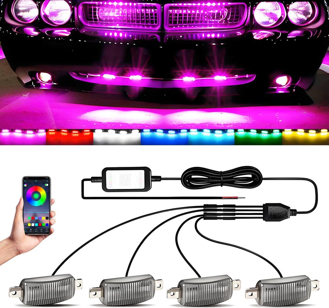 RGB Led Grille Lights APP Control 4 in 1 Colorful Underglow Rock LED Lights for Tacoma Truck Chevy Car Off-Road Raptor Jeep SUV ATV UTV DRL Decoration Signal LED Light