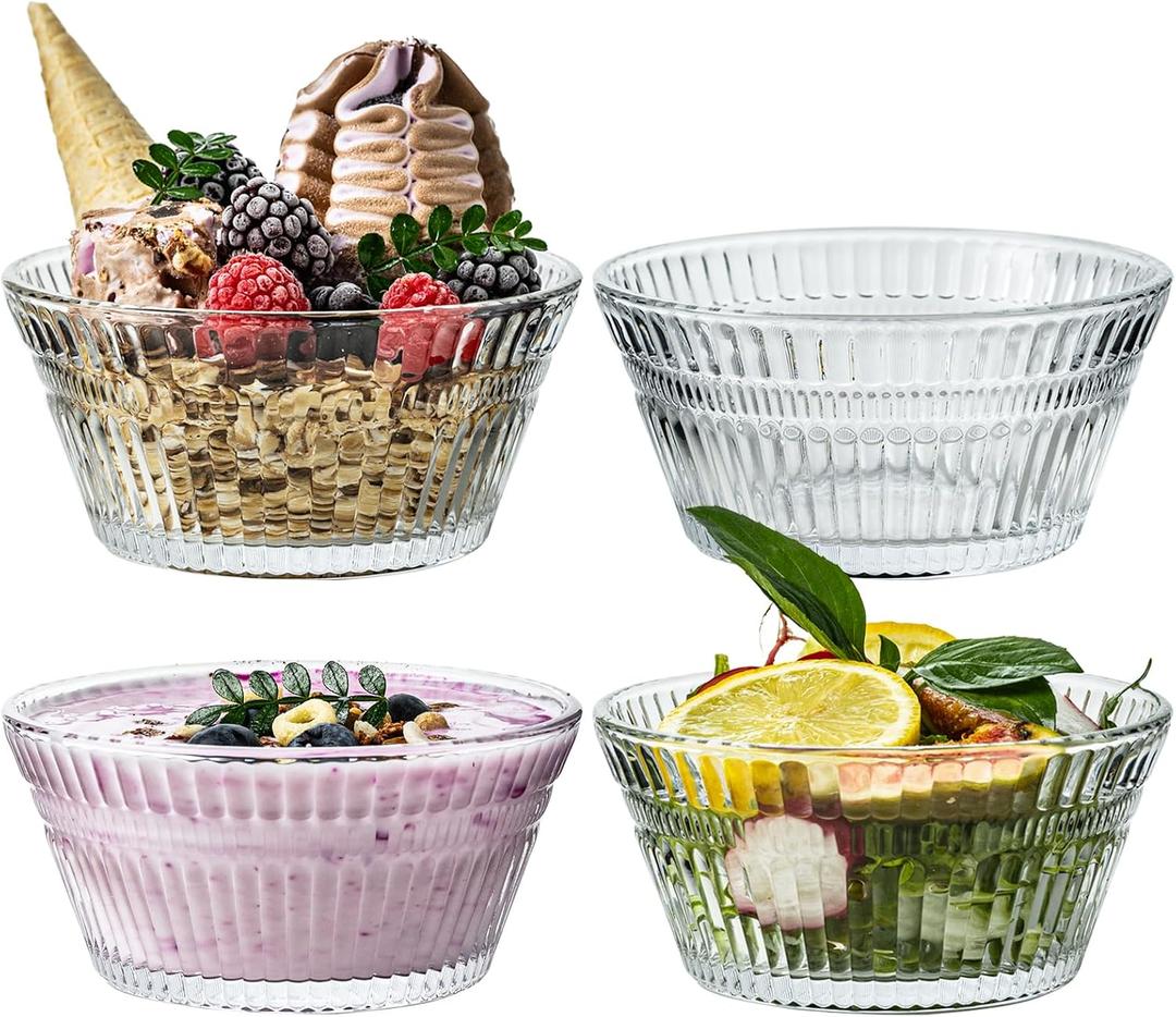 Vintage Glass Dessert Bowls, 11oz Sundae ice cream Bowl, Thickened Lead-Free Glass Bowls for Ice Cream, Fruit, Yogurt, Oat, Pudding, Appetizers & Party Snacks (4)
