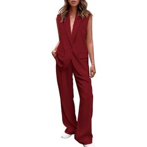 PRETTYGARDEN Women's 2 Piece Outfits Sleeveless Suit Vest and Wide Leg Pants Business Casual Blazer Sets (XX-Large,  Red)