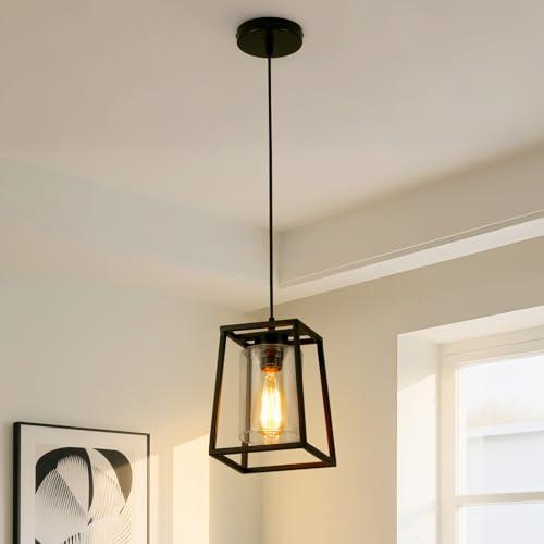 Senyshilon Black Pendant Lights Kitchen Island | 1-Light Lantern Hanging Light Fixtures with Clear Glass Shade for Dining Room | Entryway | Bathroom | Hallway | Foyer 7 * 9 * 57IN