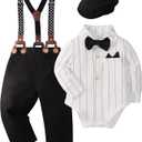YALLET Baby Boy Clothes Set Infant Tuxedo Long Sleeve Gentleman Suit Outfits + Beret Hat + Suspender Pants + Bowtie 0-18M (3-6 Months, White Stripes)