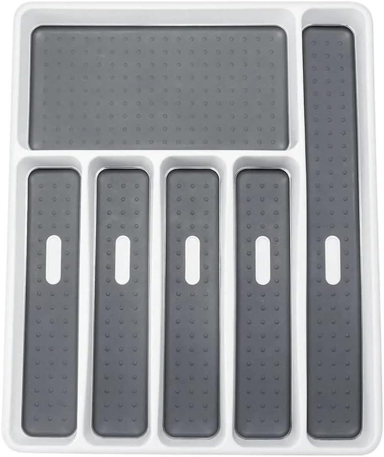 Large Silverware Tray - White, Kitchen Cutlery Tray Drawer Organizers 6-Compartments| Kitchen Drawer Organizer | Soft-Grip Lining and Non-Slip Rubber Feet | BPA-Free