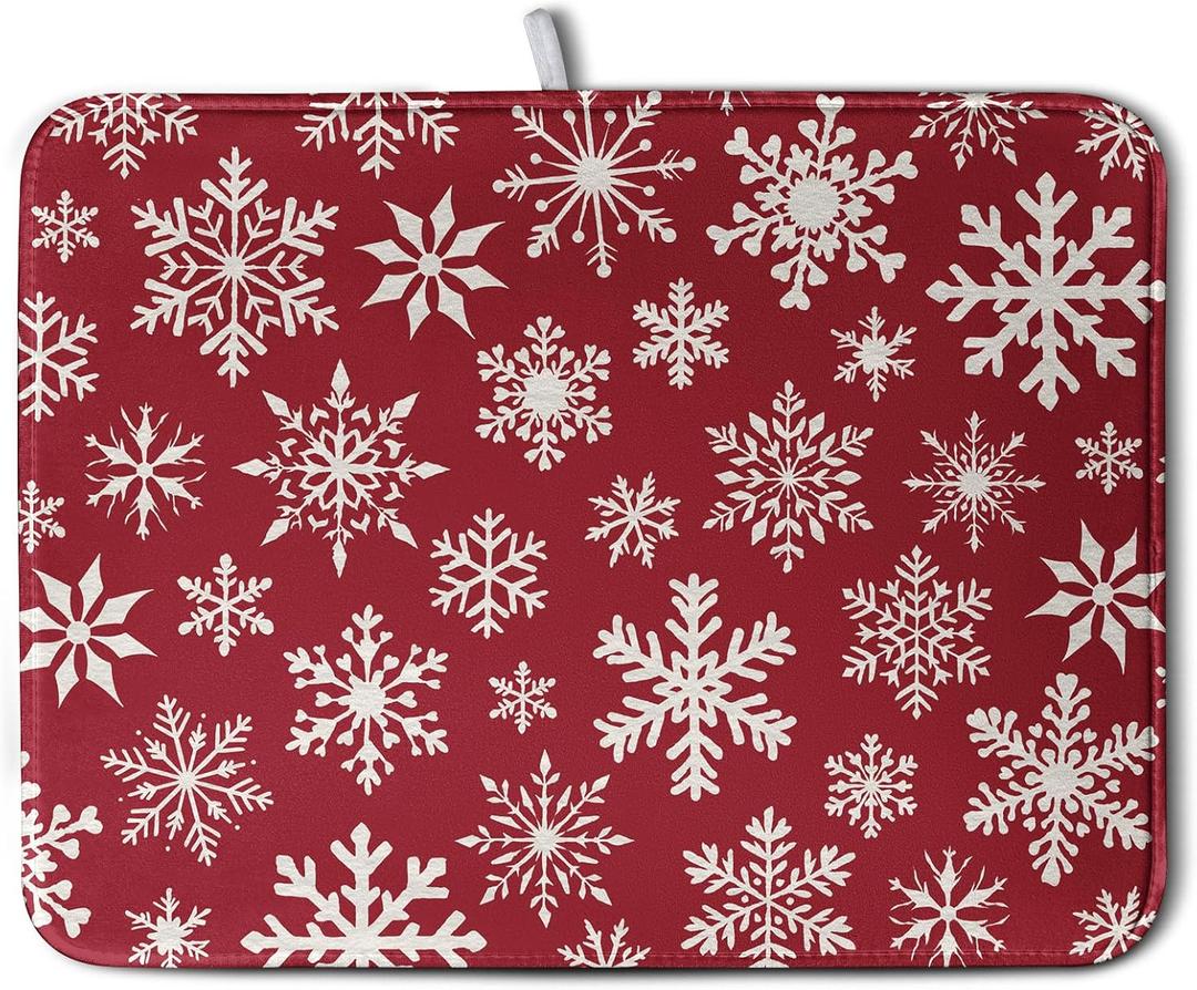 Christmas Snowflakes Dish Drying Mat for Kitchen Counter 18x24 Inch Red White Winter Xmas Pattern Dish Drying Pad for Dishes Microfiber Absorbent Dish Drainer Rack Mats for Countertop