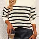 KIRUNDO Women's Striped Sweaters 2024 Fall Winter Outfits Crewneck Ribbed Knit Pullover Trendy Tops with Metal Buttons (Beige White, Medium) (M)