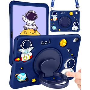 for iPad A16 Case - for iPad 10th Generation Case Boys Cute Astronaut Cover Kawaii 3D Cartoon Cool with Rotating Handle Stand + Strap Soft Silicone Funda for Apple 10/11th Gen 10.9 Inch