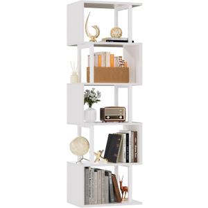Furologee White Geometric Bookshelf 6 Tier S-Shaped Bookcase, Tall Modern Display Storage Shelf, Metal and Wood Decorative Freestanding Room Divider Shelves for Bedroom, Living Room, Office