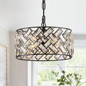 CATINER Small Black Crystal Chandelier 12", Modern 4-Light Ceiling Light, Semi Flush Mount or Hanging Pendant with Adjustable Height for Kitchen Island, Entryway, Hallway