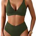 Sexy Ribbed Bikini Set 2 Piece Womens High Waisted V-Cut Cheeky High Leg Tummy Control Longline Swimsuit (Medium, Army Green)