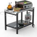 LS'BABQ Outdoor Grill Table Cart, Pizza Oven Stand, BBQ Prep Table with Trash Bag Holder Wheels & Hooks, Double-Shelf Movable Food Prep and Work Stand, Stainless Steel Flattop Grill Cart