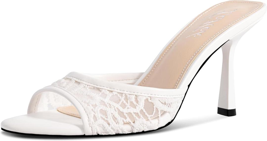 Women's Kitten Heels Open Toe Mules Heels Slip On Lace Heeled Sandals Summer Dress Shoes for Party Wedding, Size: 9.5
