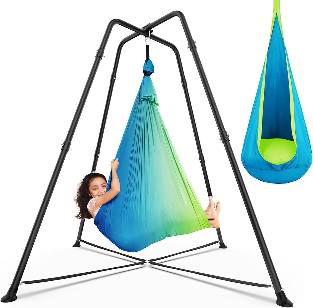 Swing Stand with Sensory Swing, Swing Frame with Pod Swing, X-Shaped Swing Set, Metal Swing Chiar with Stand for Adults Indoor and Outdoor 330LBS (Aqua Gradient)