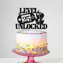 2 x Glitter Level 25 Unlocked Cake Topper, Happy 25th Birthday Cake Toppers, Vintage Game Controller Birthday Party Decorations Black