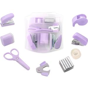 2 x 
8 Pack Mini Office Supply Kits Mini School Supplies – Includes Mini Stapler, Scissors, Staple Remover, Puncher, Pencil Sharpener, Tape Dispenser (Purple)