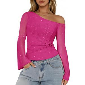 Aupuls Sparkly Tops for Women Bell Sleeve Off Shoulder Top Sequin Concert Outfits (Small, Rose)