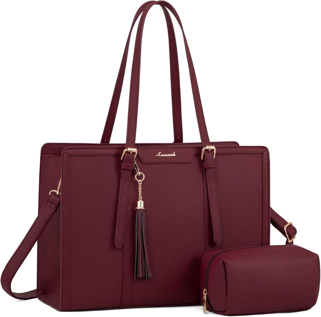 LOVEVOOK Laptop Tote for Women - 15.6 inch Lightweight PU Laptop Bag, Large Capacity Computer Bag with Clutch Purse for Business, Work, Office, Travel, Claret